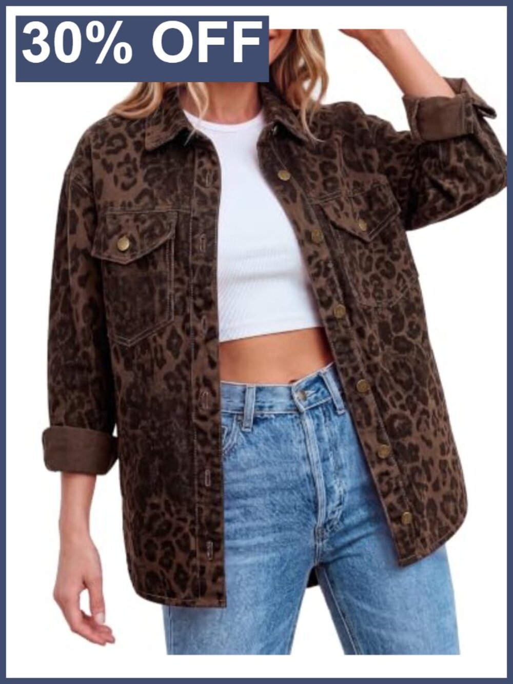 Oversized Leopard Print Denim Jacket Button Down Long Sleeve Shacket